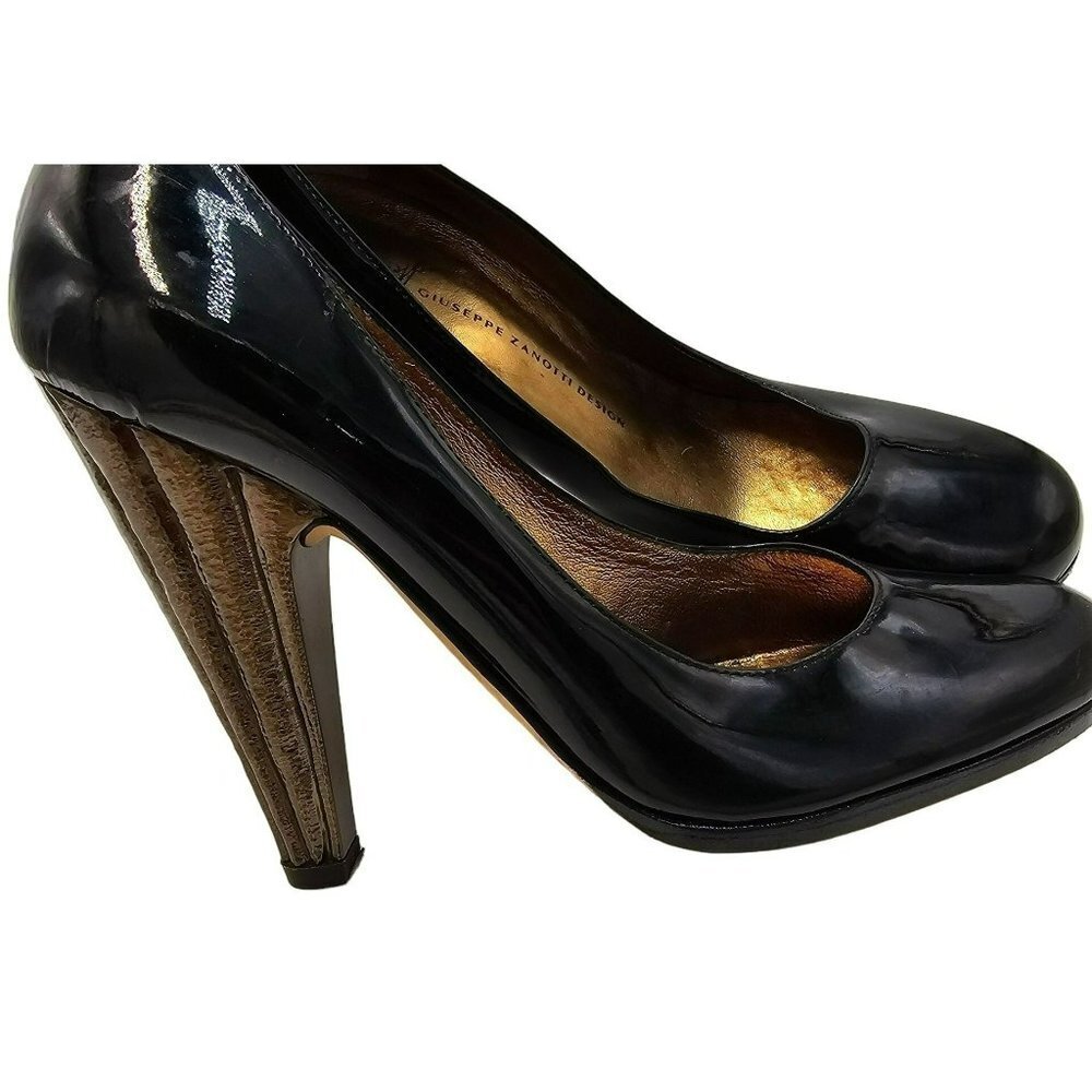 Guiseppe Zanotti Black Heels 7 Patent Leather Luxury Designer Gold Cone Heel 37 - Picture 13 of 16